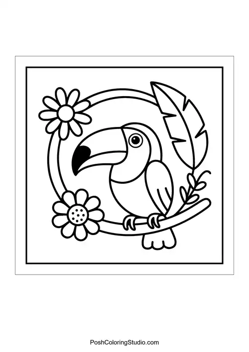 A toucan perched on a branch with flowers.