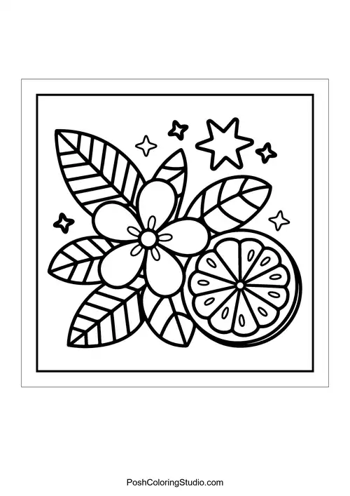 A floral design with leaves and a citrus slice.