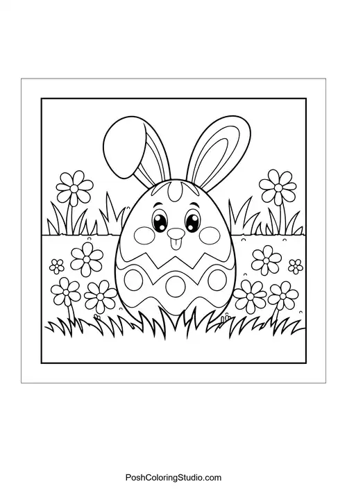 A bunny with an Easter egg in a grassy field.