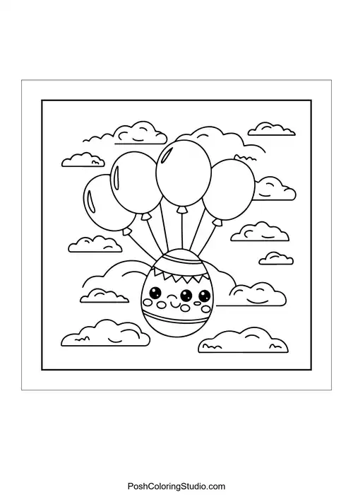 An Easter egg with balloons floating in the sky.