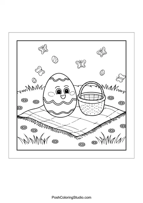 A decorated Easter egg next to a basket on grass.