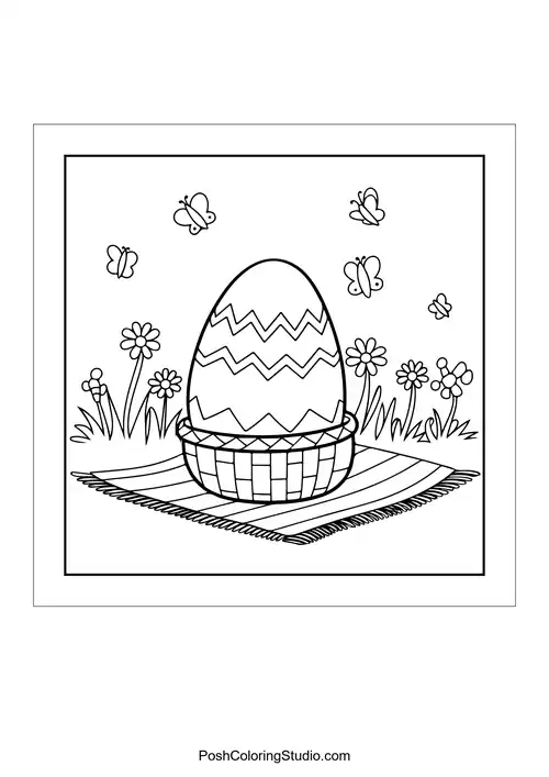 An Easter egg in a basket with flowers around it.
