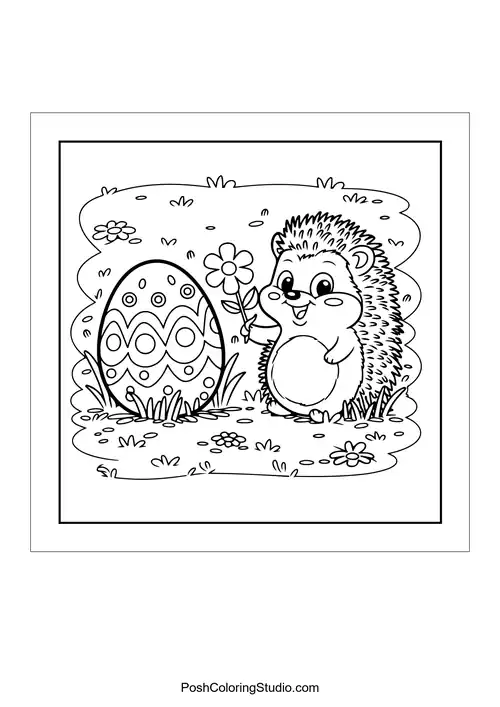 A hedgehog holding a flower next to an Easter egg.