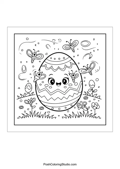 A decorated Easter egg surrounded by buzzing bees and flowers.