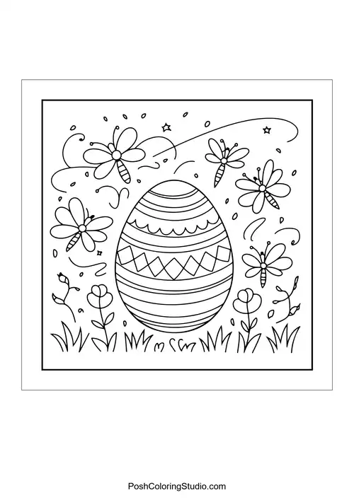 An Easter egg with dragonflies and flowers around it.