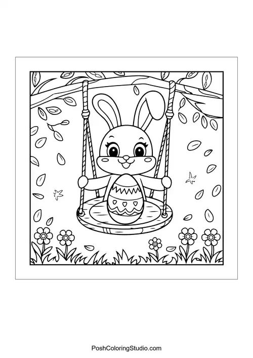 A bunny swinging on a swing in a garden.
