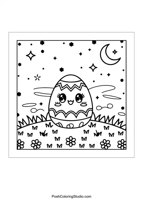 A decorated Easter egg under a starry sky and moon.