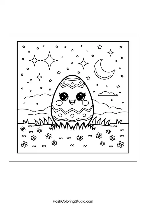 A cheerful Easter egg under a starry night sky.