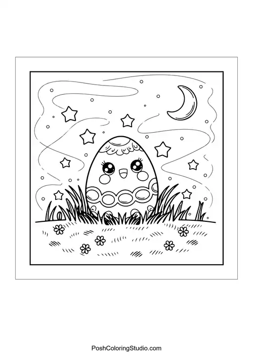A smiling Easter egg in a nest surrounded by grass.
