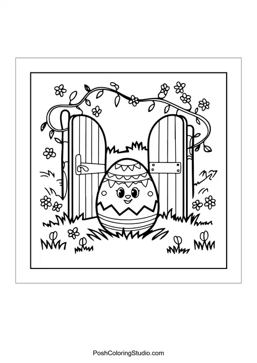 A decorated Easter egg behind an open garden gate.