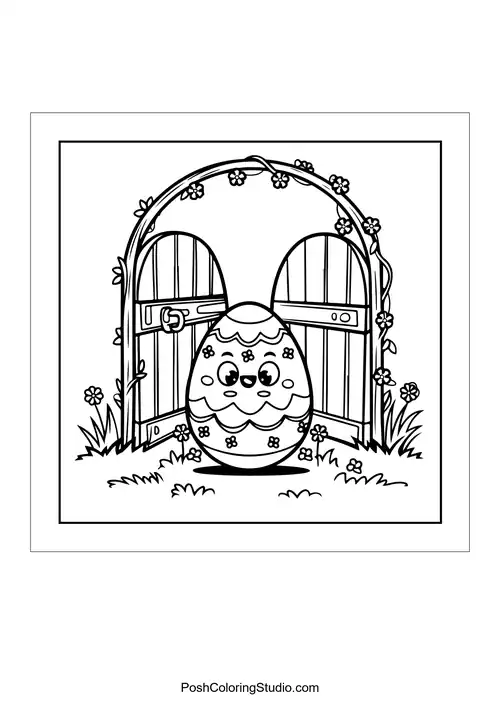 An Easter egg nestled in a garden gate with flowers.
