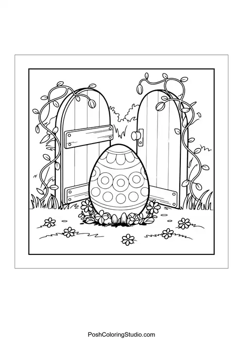 A decorated egg surrounded by flowers and open wooden doors.