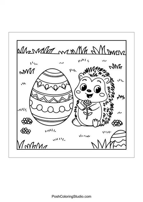 A hedgehog holding a flower next to a patterned egg.