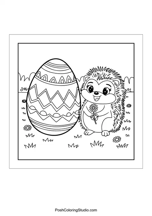 A hedgehog with a flower next to a large egg.