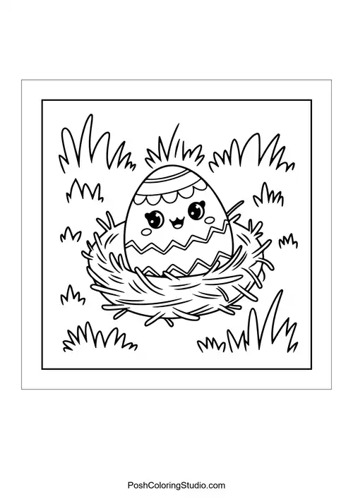 A smiling egg nestled in a nest among grass.