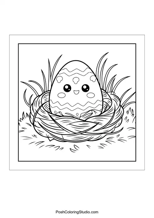 A happy egg in a nest with grass around it.