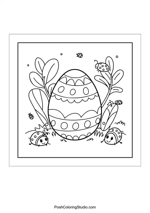 A large egg surrounded by ladybugs and plants.