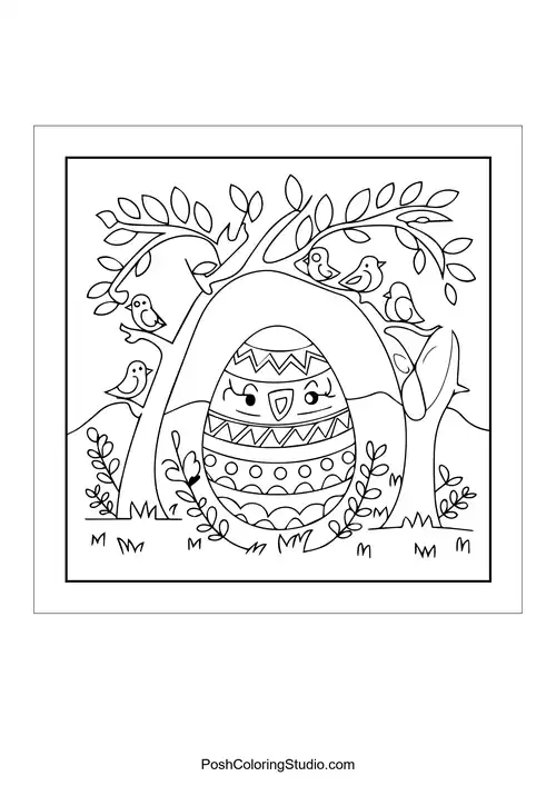 A large Easter egg with a bunny and flowers.