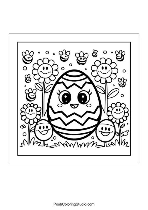 A smiling egg among flowers and happy faces.