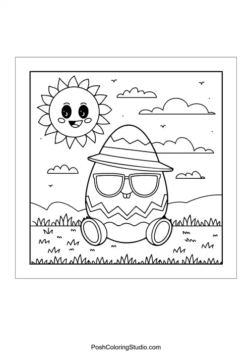 A cool egg wearing sunglasses under a smiling sun.