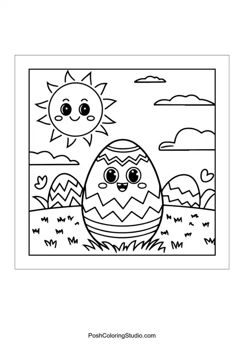 A cheerful egg with a sun and clouds above it.
