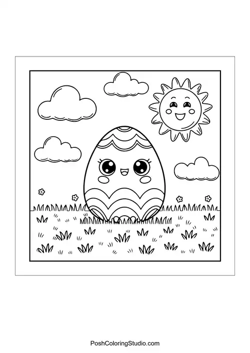 A smiling egg with a sun and fluffy clouds nearby.