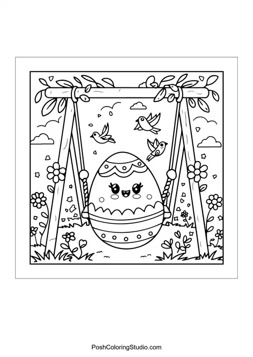 An egg on a swing surrounded by flowers and birds.
