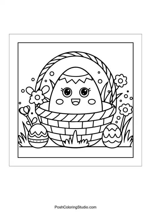 A happy egg in a basket with flowers and other eggs.