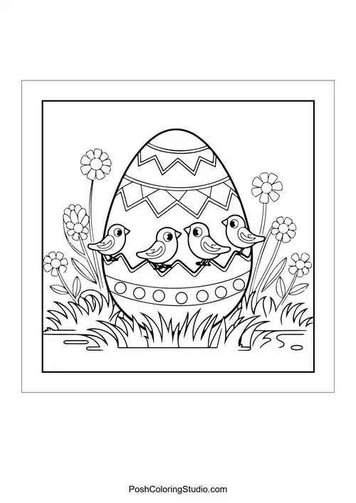 An egg decorated with birds and flowers around it.
