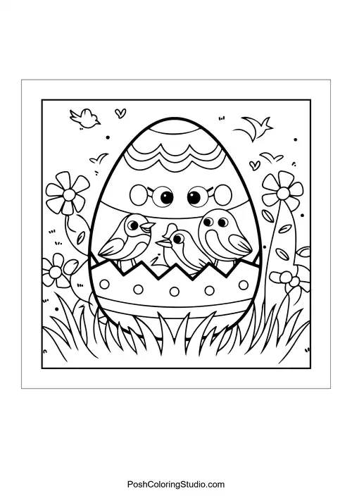 An egg with birds and flowers surrounding it.