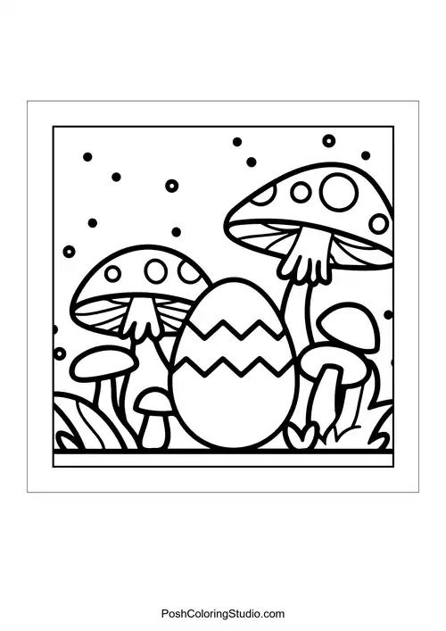 An egg surrounded by mushrooms and whimsical designs.