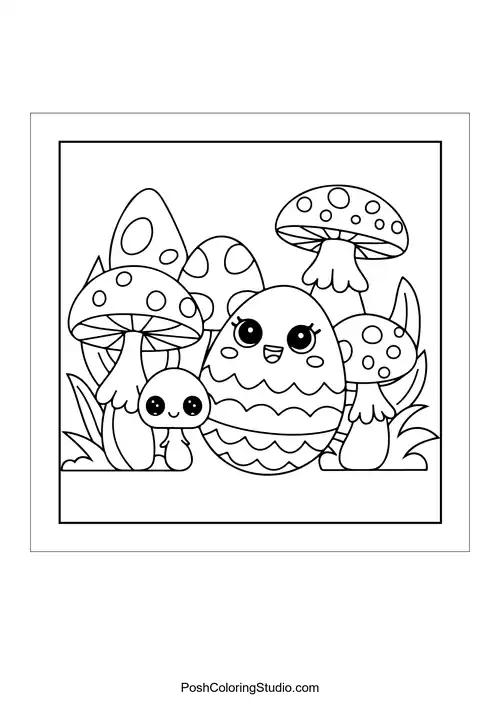 A cute egg with a smiling face next to mushrooms.
