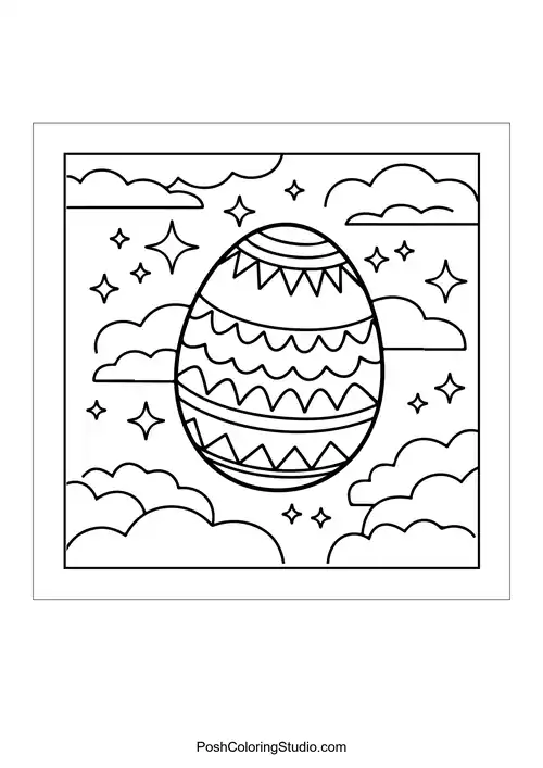 A decorative Easter egg surrounded by clouds and stars.