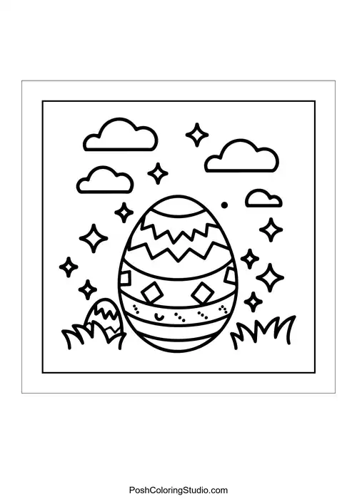 A decorated egg with sparkles and grass around it.