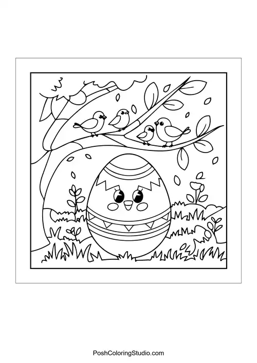 An egg hanging from a branch with birds nearby.