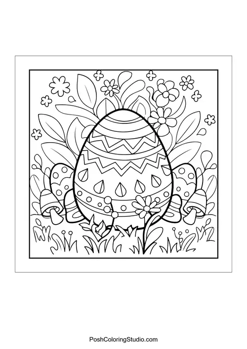 An egg surrounded by flowers and decorative patterns.