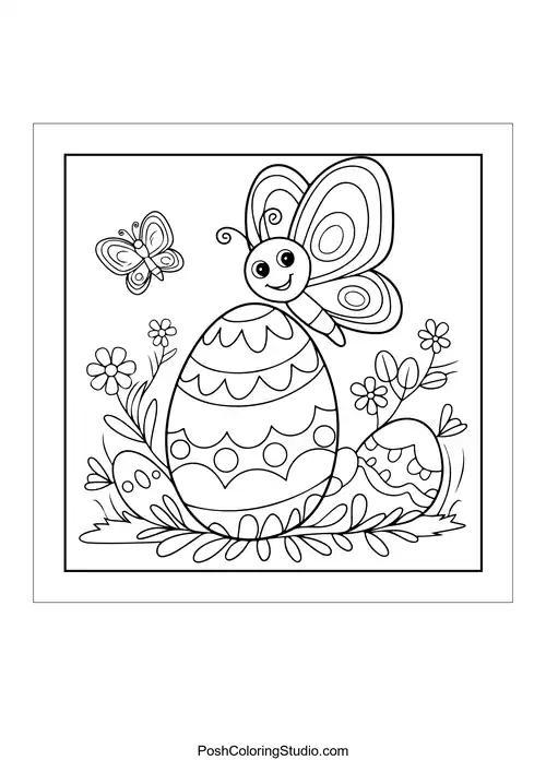 A butterfly perched on an egg among flowers.