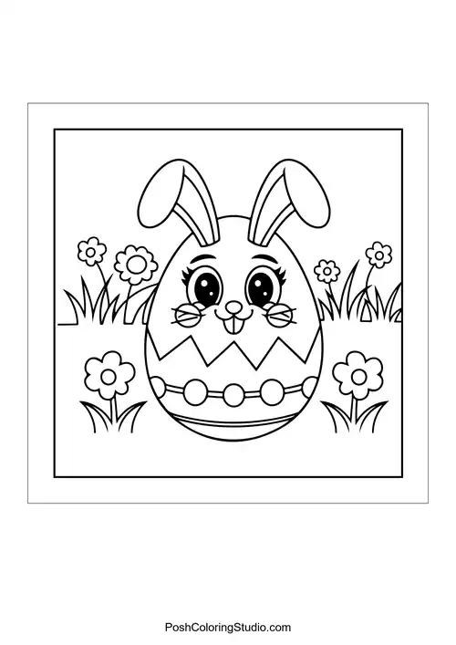 A cute bunny-eared egg surrounded by flowers and grass.