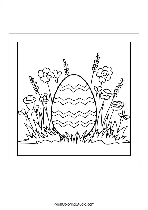 An egg decorated with zigzag patterns among various flowers.