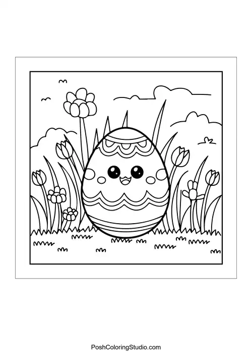 A cheerful egg with stripes and flowers in the background.