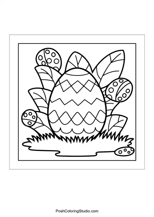 An egg nestled among large leaves and smaller eggs.