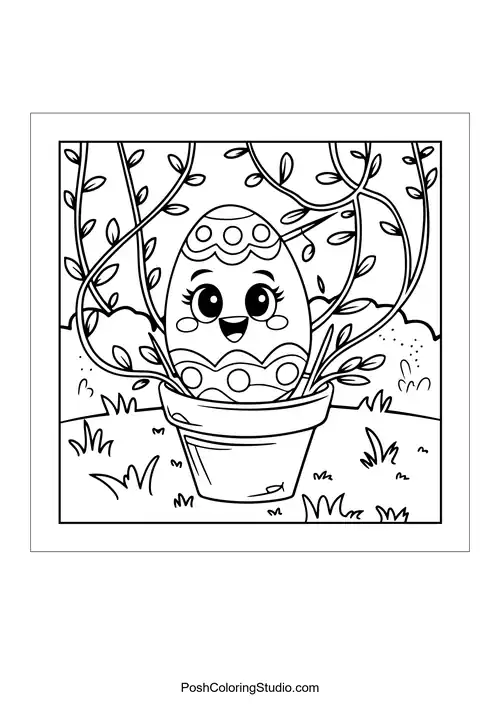 A happy egg in a flower pot with twisting vines.