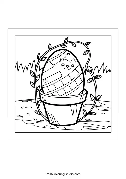 A cat-themed egg wrapped in a basket with vines.