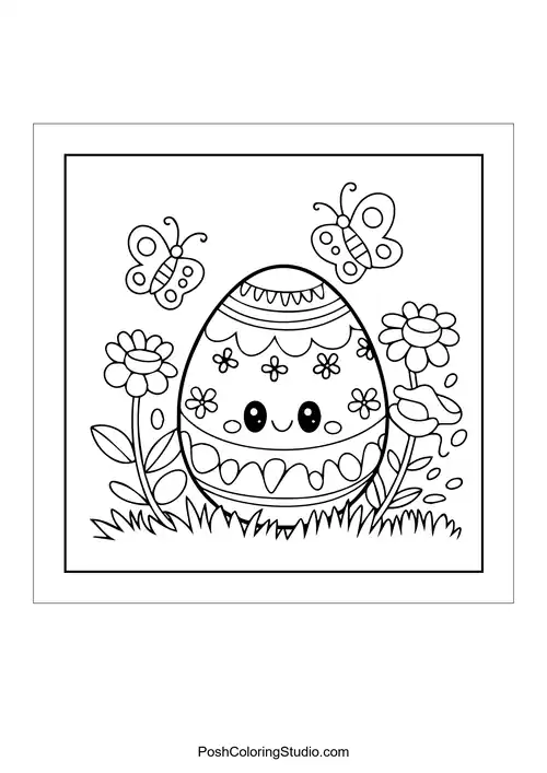 A cheerful Easter egg with flowers and butterflies.