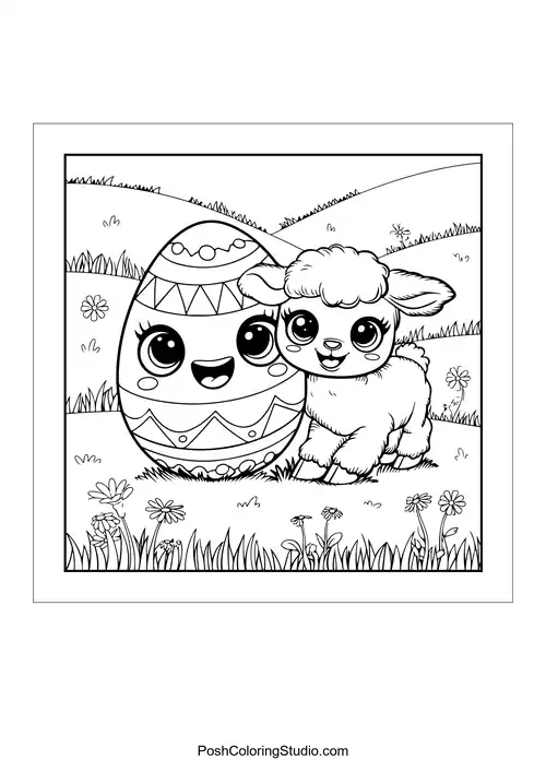 A smiling egg next to a fluffy lamb in a grassy field.