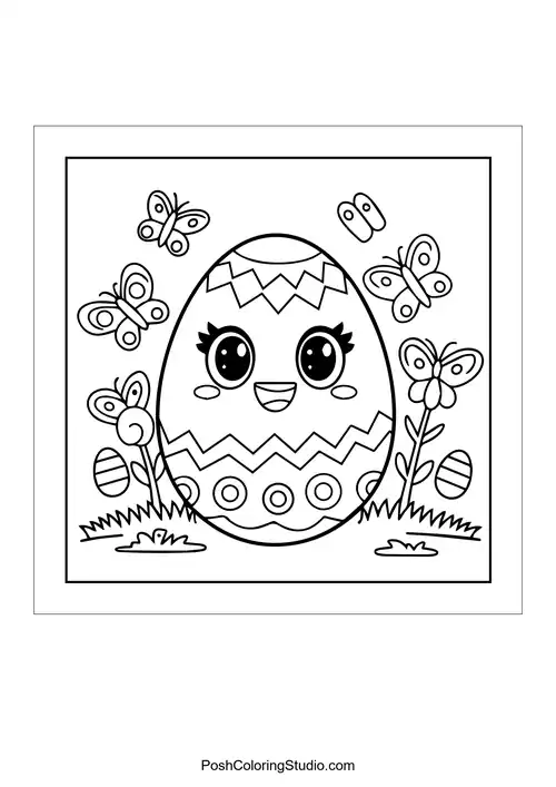 A happy Easter egg with butterflies and grass.