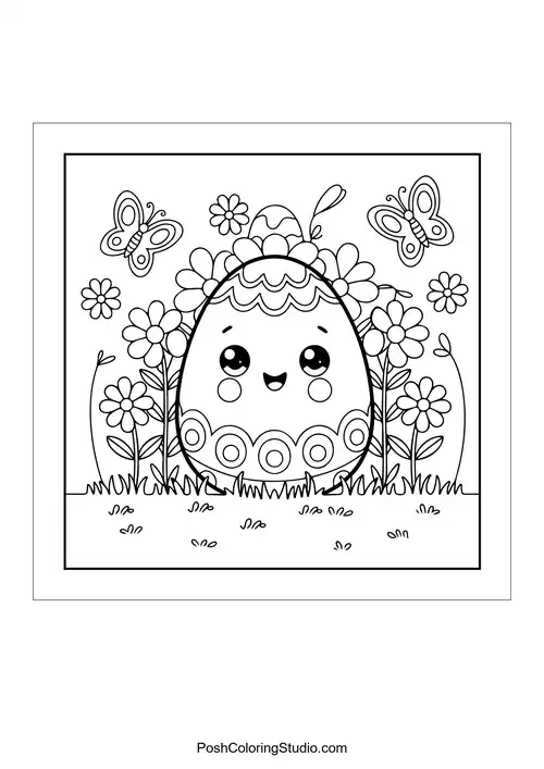 A smiling Easter egg surrounded by flowers and butterflies.