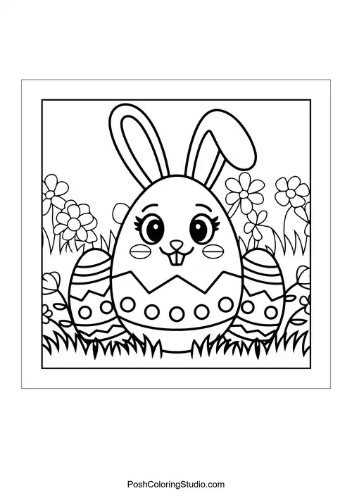 A bunny next to a decorated Easter egg.