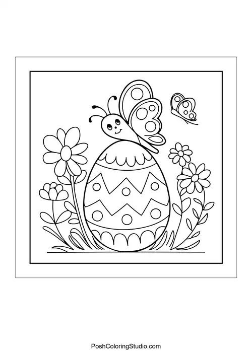 An Easter egg with a butterfly and flowers.