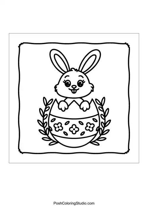 A bunny peeking out from a decorated egg surrounded by leaves.